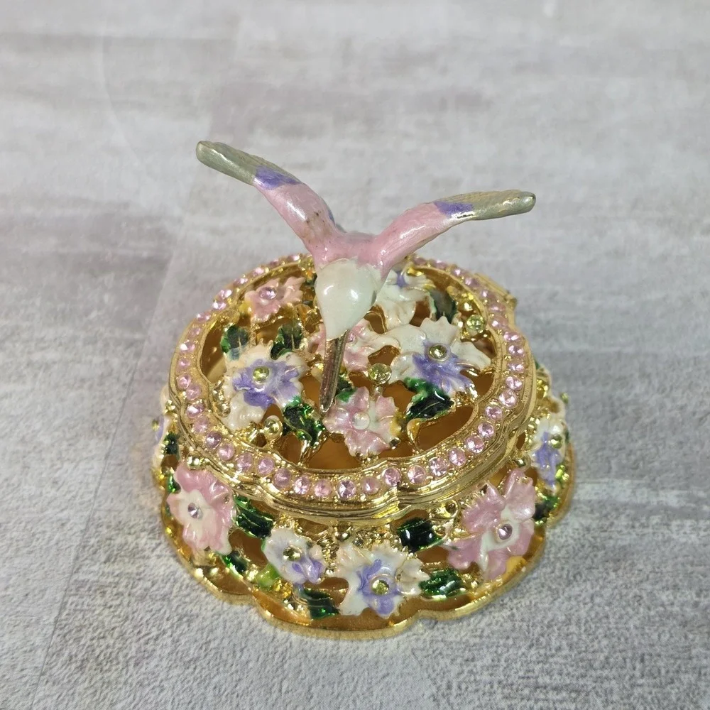 Enameled Trinket Box Hummingbird Floral Rhinestone Gold Tone Jewelry Keepsake